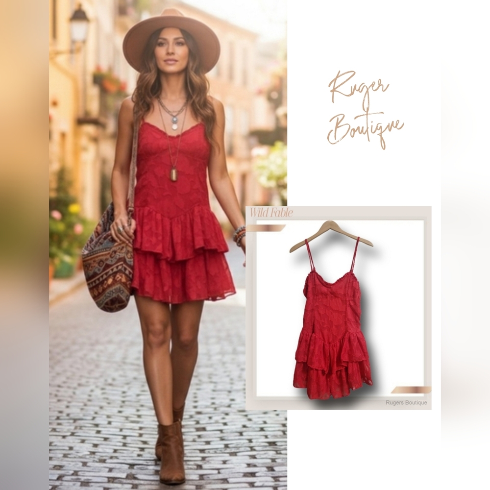 🌿Wild Fable Woman's Small Tiered Fit Flare Red Ruffled Mini Dress-So cute!